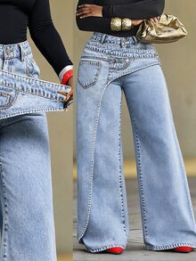 SHEIN Tall Women's Asymmetric Pocket Button Casual Versatile Daily Wear Wide Leg Jeans, Tall Women Going Out Office Light Blue Summer - Light Wash - View 7