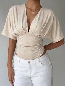Aloruh Women's Solid Color Deep V-Neck Batwing Short Sleeve Ruched Bodysuit - Apricot - View 6