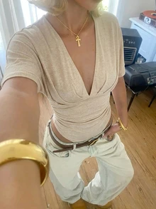 Aloruh Women's Solid Color Deep V-Neck Batwing Short Sleeve Ruched Bodysuit - Apricot - View 10