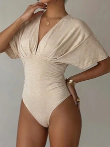 Aloruh Women's Solid Color Deep V-Neck Batwing Short Sleeve Ruched Bodysuit - Apricot - View 8