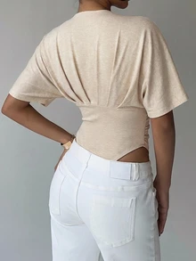 Aloruh Women's Solid Color Deep V-Neck Batwing Short Sleeve Ruched Bodysuit - Apricot - View 3
