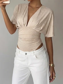 Aloruh Women's Solid Color Deep V-Neck Batwing Short Sleeve Ruched Bodysuit - Apricot - View 9