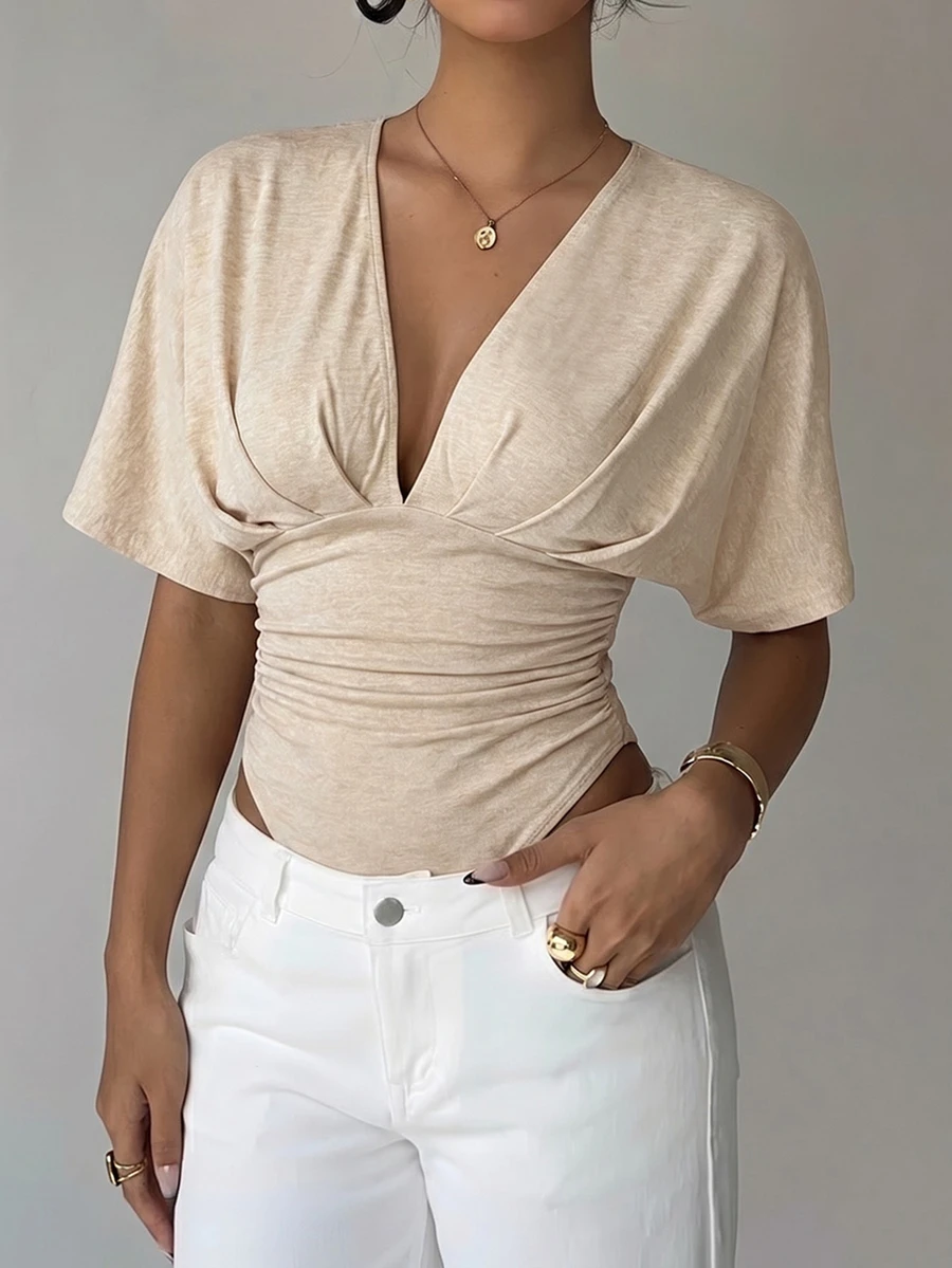 Aloruh Women's Solid Color Deep V-Neck Batwing Short Sleeve Ruched Bodysuit