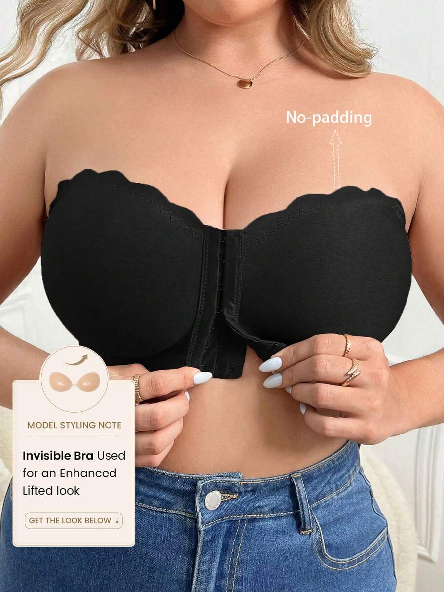 SHEIN 1pc Front Closure Wirefree Plus Size Women Bandeau Bra - Black - View 1