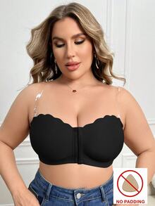 SHEIN 1pc Front Closure Wirefree Plus Size Women Bandeau Bra - Black - View 8
