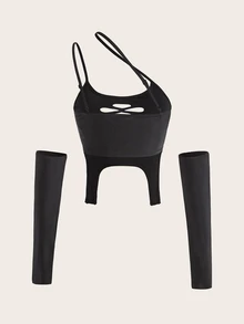 SHEIN X KeniaOs SHEIN ICON 剪裁单肩不对称下摆短款上衣，带袖 - 黑色 - 查看 2