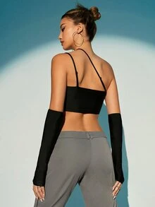 SHEIN X KeniaOs SHEIN ICON 剪裁单肩不对称下摆短款上衣，带袖 - 黑色 - 查看 5