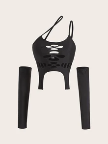 SHEIN X KeniaOs SHEIN ICON 剪裁单肩不对称下摆短款上衣，带袖 - 黑色 - 查看 6