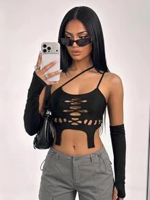 SHEIN X KeniaOs SHEIN ICON 剪裁单肩不对称下摆短款上衣，带袖 - 黑色 - 查看 1