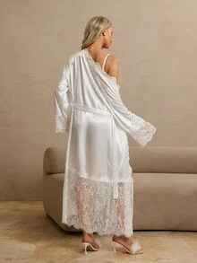 HautHeat Women's Lace Patchwork V-Neck Overlap Sexy Daily Home Sleepwear Robe - White - View 2