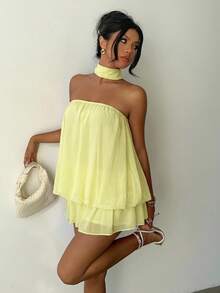 Aloruh Women's Fashionable Pale Yellow Summer Casual Vacation Holiday Dress,Solid Color Ruffle Ruched Bandeau A-Line Mini Tube Top Tea Party Wedding Guest - Yellow - View 8