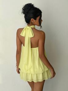 Aloruh Women's Fashionable Pale Yellow Summer Casual Vacation Holiday Dress,Solid Color Ruffle Ruched Bandeau A-Line Mini Tube Top Tea Party Wedding Guest - Yellow - View 9