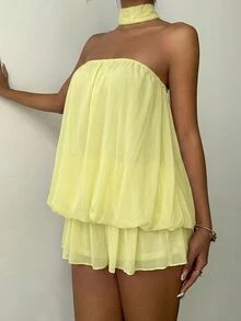 Aloruh Women's Fashionable Pale Yellow Summer Casual Vacation Holiday Dress,Solid Color Ruffle Ruched Bandeau A-Line Mini Tube Top Tea Party Wedding Guest - Yellow - View 6