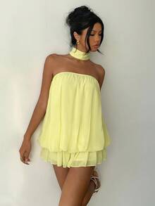Aloruh Women's Fashionable Pale Yellow Summer Casual Vacation Holiday Dress,Solid Color Ruffle Ruched Bandeau A-Line Mini Tube Top Tea Party Wedding Guest - Yellow - View 5