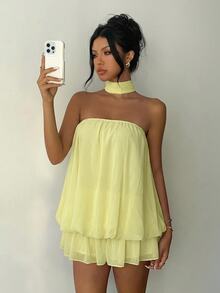 Aloruh Women's Fashionable Pale Yellow Summer Casual Vacation Holiday Dress,Solid Color Ruffle Ruched Bandeau A-Line Mini Tube Top Tea Party Wedding Guest - Yellow - View 7