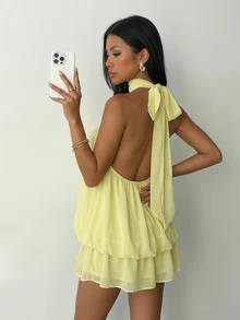 Aloruh Women's Fashionable Pale Yellow Summer Casual Vacation Holiday Dress,Solid Color Ruffle Ruched Bandeau A-Line Mini Tube Top Tea Party Wedding Guest - Yellow - View 3