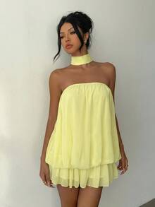 Aloruh Women's Fashionable Pale Yellow Summer Casual Vacation Holiday Dress,Solid Color Ruffle Ruched Bandeau A-Line Mini Tube Top Tea Party Wedding Guest - Yellow - View 2