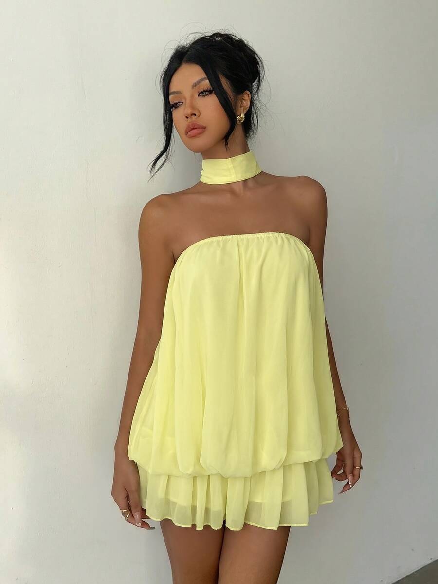 Aloruh Women's Fashionable Pale Yellow Summer Casual Vacation Holiday Dress,Solid Color Ruffle Ruched Bandeau A-Line Mini Tube Top Tea Party Wedding Guest