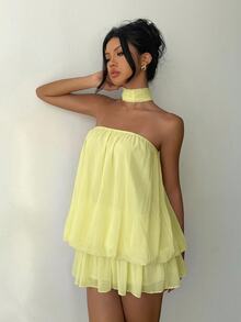 Aloruh Women's Fashionable Pale Yellow Summer Casual Vacation Holiday Dress,Solid Color Ruffle Ruched Bandeau A-Line Mini Tube Top Tea Party Wedding Guest - Yellow - View 4