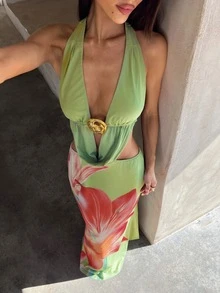 Aloruh 女士度假风深V领海星纯色米色纹理露背吊带高开衩连衣裙 - 綠色 - 查看 9