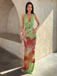 Aloruh 女士度假风深V领海星纯色米色纹理露背吊带高开衩连衣裙 - 綠色 - 查看 4