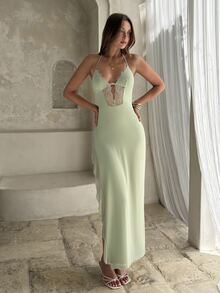 Aloruh Women's Spring/Summer Vacation Butterfly Mesh Print Halter Neck Lace Long Slit Ruffle Dress Sage Green Graduation Dinner Birthday Bar Party - Mint Green - View 4
