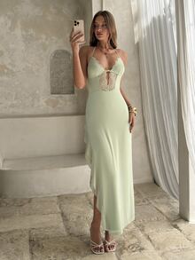 Aloruh Women's Spring/Summer Vacation Butterfly Mesh Print Halter Neck Lace Long Slit Ruffle Dress Sage Green Graduation Dinner Birthday Bar Party - Mint Green - View 3