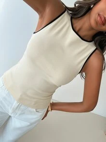 Aloruh 女士通勤休闲露背蝴蝶结圆领无袖衬衫 - 杏色 - 查看 3