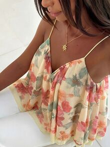 Aloruh Women's Summer Boho Holiday Vacation Backless Floral Print Loose Chiffon Mesh Camisole Resort Wear Top - Multicolor - View 4