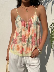 Aloruh Women's Summer Boho Holiday Vacation Backless Floral Print Loose Chiffon Mesh Camisole Resort Wear Top - Multicolor - View 2