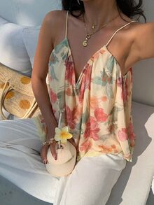 Aloruh Women's Summer Boho Holiday Vacation Backless Floral Print Loose Chiffon Mesh Camisole Resort Wear Top - Multicolor - View 3