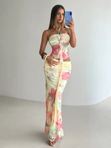 Aloruh Women's Pale Yellow Floral Ruffled Halter Neck Sleeveless Top And Skirt Set, Summer Boho Sexy Tropical Jamaican Holiday Vacation, Rave Festival Beach - Yellow - View 6
