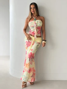 Aloruh Women's Pale Yellow Floral Ruffled Halter Neck Sleeveless Top And Skirt Set, Summer Boho Sexy Tropical Jamaican Holiday Vacation, Rave Festival Beach - Yellow - View 4