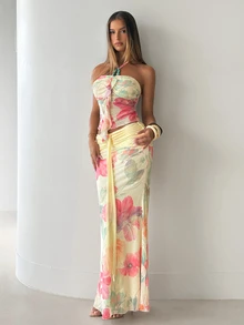 Aloruh Women's Pale Yellow Floral Ruffled Halter Neck Sleeveless Top And Skirt Set, Summer Boho Sexy Tropical Jamaican Holiday Vacation, Rave Festival Beach - Yellow - View 10