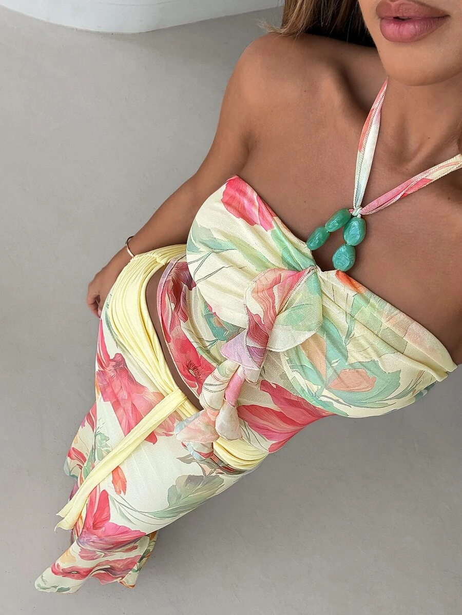 Aloruh Women's Pale Yellow Floral Ruffled Halter Neck Sleeveless Top And Skirt Set, Summer Boho Sexy Tropical Jamaican Holiday Vacation, Rave Festival Beach