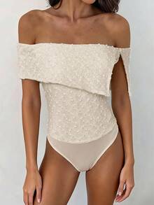 Aloruh Nova Moda Feminina Primavera/Verão Texturizada Ombro de Fora Assimétrica Macacão Plissado, Branco, Damasco, Cor Sólida, Confortável, Elegante Versátil para o Dia a Dia Romântico - Damasco - Visão 4