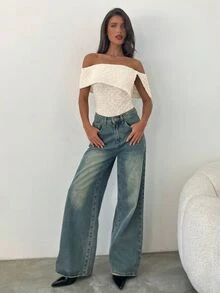 Aloruh Nova Moda Feminina Primavera/Verão Texturizada Ombro de Fora Assimétrica Macacão Plissado, Branco, Damasco, Cor Sólida, Confortável, Elegante Versátil para o Dia a Dia Romântico - Damasco - Visão 5