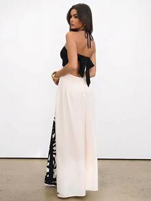 Aloruh Women's Summer Boho Tropical Maxi Dress,Palm Tree Print Halter Neck Backless Dress,Beach Vacation Holiday White Elegant Color Block Long Sundress - Multicolor - View 2