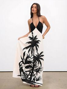 Aloruh Women's Summer Boho Tropical Maxi Dress,Palm Tree Print Halter Neck Backless Dress,Beach Vacation Holiday White Elegant Color Block Long Sundress - Multicolor - View 5
