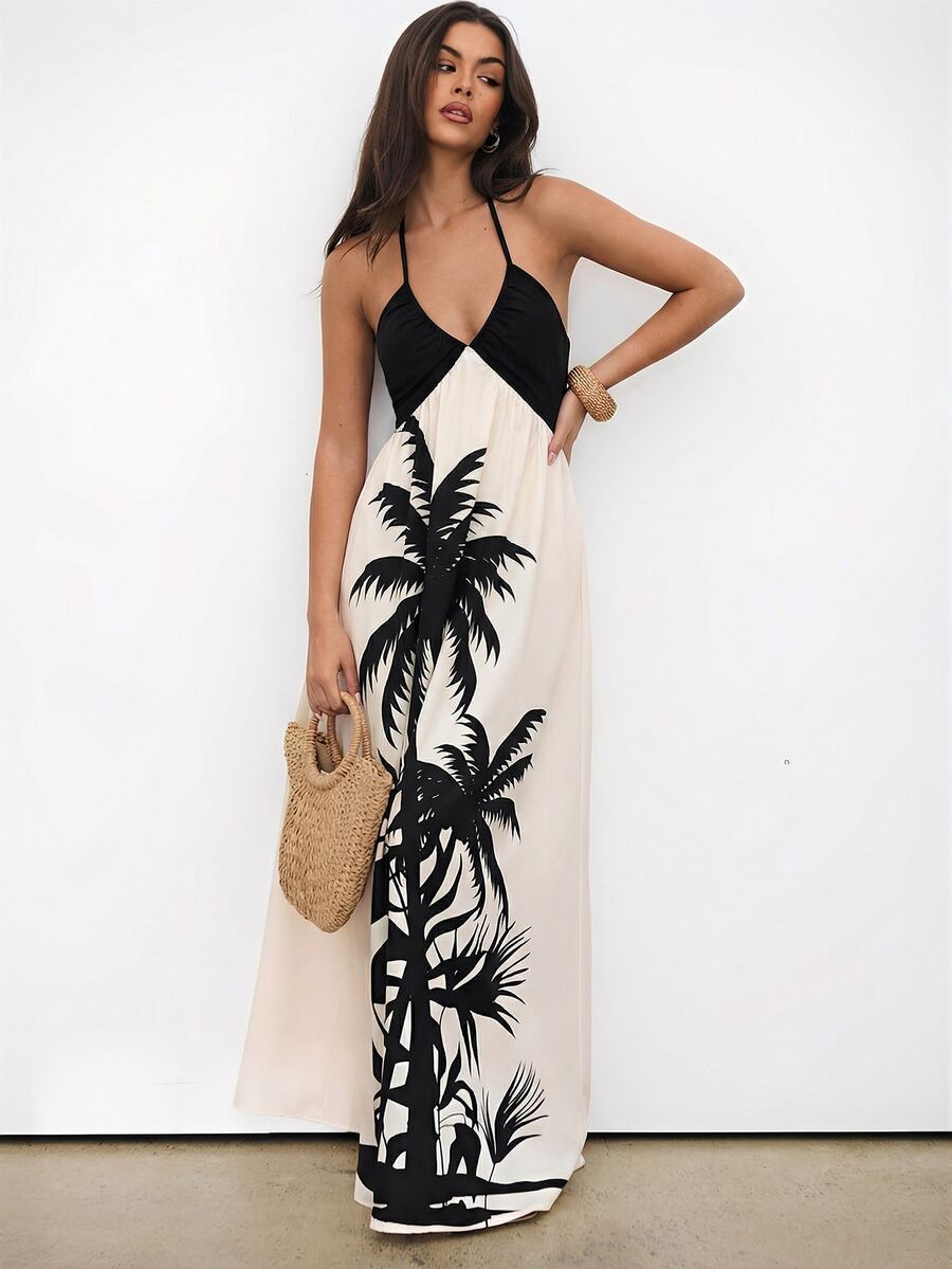 Aloruh Women's Summer Boho Tropical Maxi Dress,Palm Tree Print Halter Neck Backless Dress,Beach Vacation Holiday White Elegant Color Block Long Sundress - Multicolor - View 1