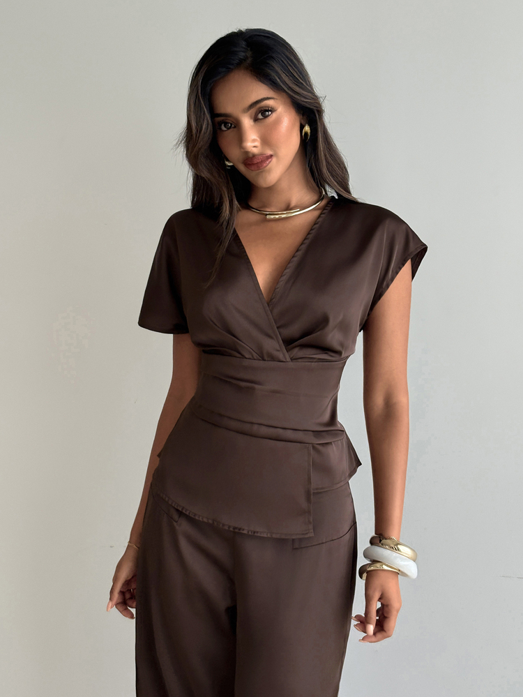 Aloruh Spring/Summer New Arrival Set, Elegant Vacation Outfit, Dark Brown Linen Asymmetric Sleeve Side Ruched Waist Commuter Bamboo Linen Fabric Shirt Pants - Brown - View 5