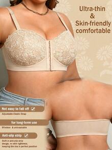 DesireSculpt Plus Size Black Wireless Lace Front Closure Supportive Bra - Beige - View 4
