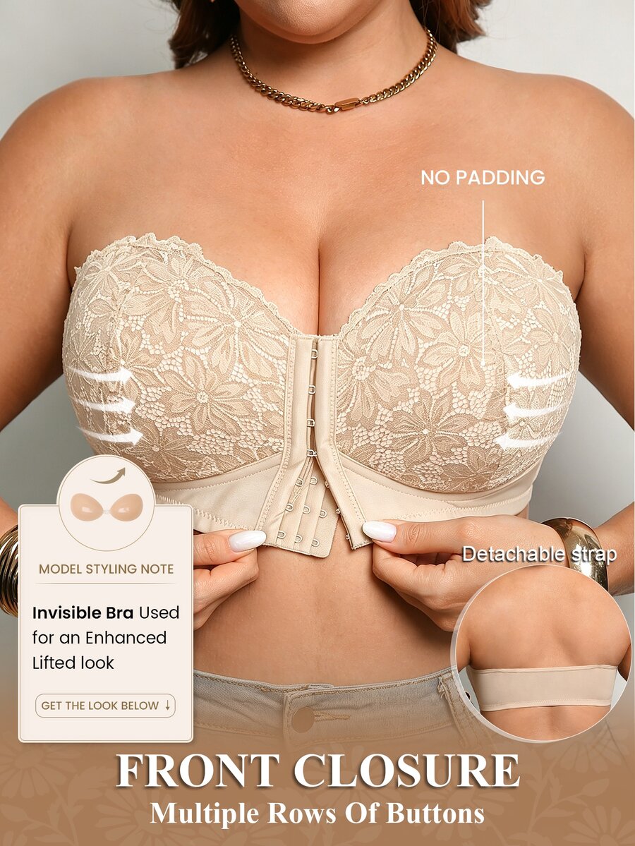 DesireSculpt Plus Size Black Wireless Lace Front Closure Supportive Bra - Beige - View 1