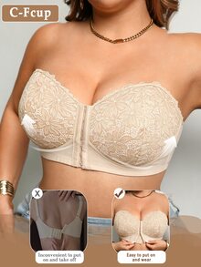 DesireSculpt Plus Size Black Wireless Lace Front Closure Supportive Bra - Beige - View 6
