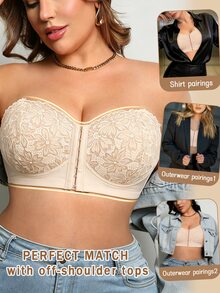 DesireSculpt Plus Size Black Wireless Lace Front Closure Supportive Bra - Beige - View 5