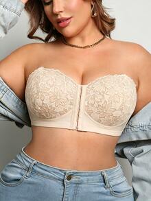 DesireSculpt Plus Size Black Wireless Lace Front Closure Supportive Bra - Beige - View 7