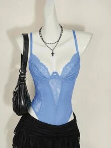 SHEIN ICON Y2K 春季嘉年华蕾丝拼接紧身吊带露脐上衣高腰露背连体衣女款 - 藍色 - 查看 6