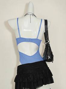 SHEIN ICON Y2K 春季嘉年华蕾丝拼接紧身吊带露脐上衣高腰露背连体衣女款 - 藍色 - 查看 2