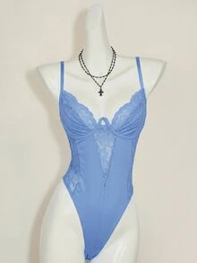 SHEIN ICON Y2K 春季嘉年华蕾丝拼接紧身吊带露脐上衣高腰露背连体衣女款 - 藍色 - 查看 3
