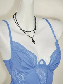 SHEIN ICON Y2K 春季嘉年华蕾丝拼接紧身吊带露脐上衣高腰露背连体衣女款 - 藍色 - 查看 9